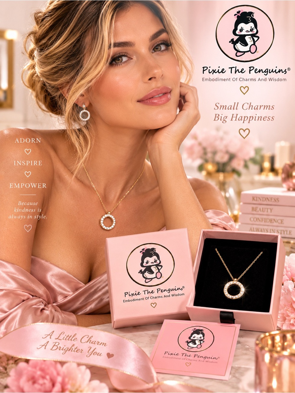 Pixie The Penguin Gold Circle Pendant Necklace - Pink Accents